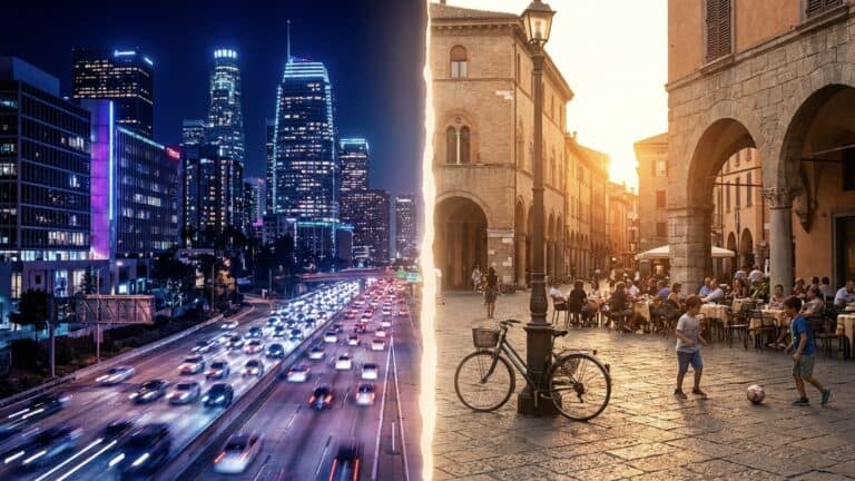 Confronto USA vs Europa sulla qualità della vita: skyline americano e piazza europea a confronto
