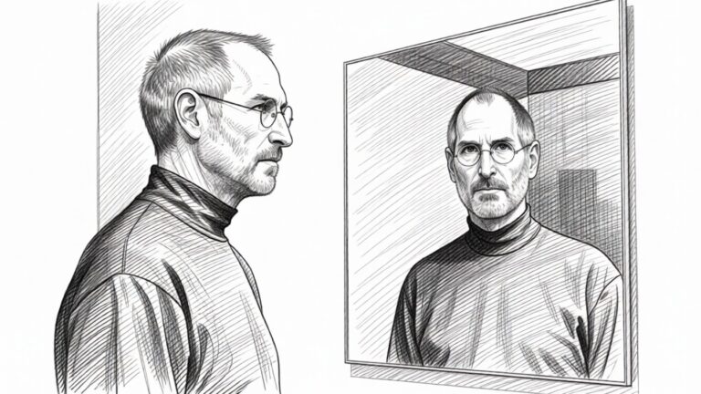 Illustrazione in stile sketch di Steve Jobs di profilo che osserva il proprio riflesso in uno specchio: una metafora visiva della dualità tra leader visionario e capo autocratico.