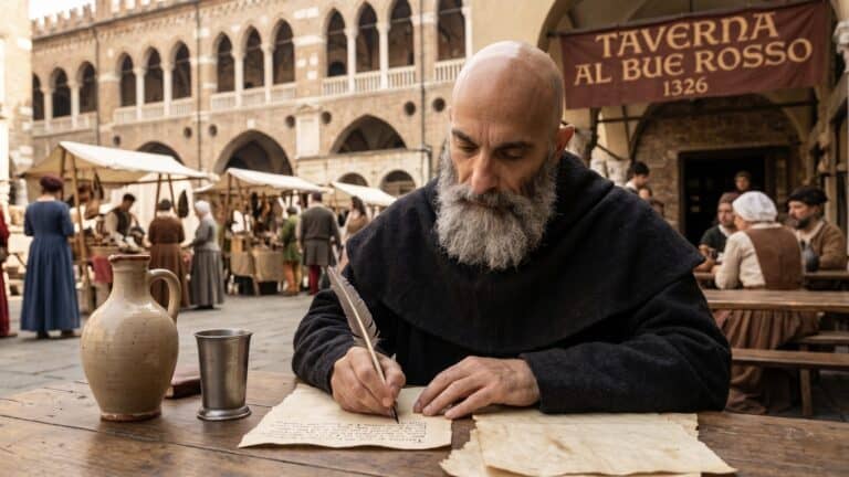 Frate medievale che scrive su pergamena a Padova nel 1326 - Chronica Inutilium