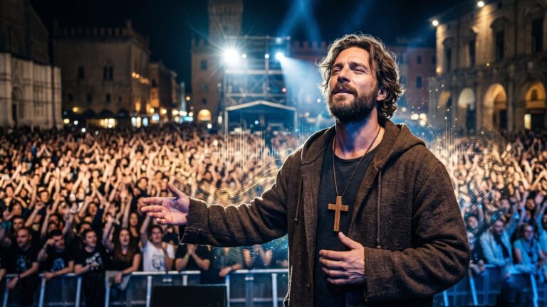 Uomo con barba e tunica francescana davanti a una folla oceanica in una piazza storica di notte, con luci da concerto e un'onda sonora grafica.