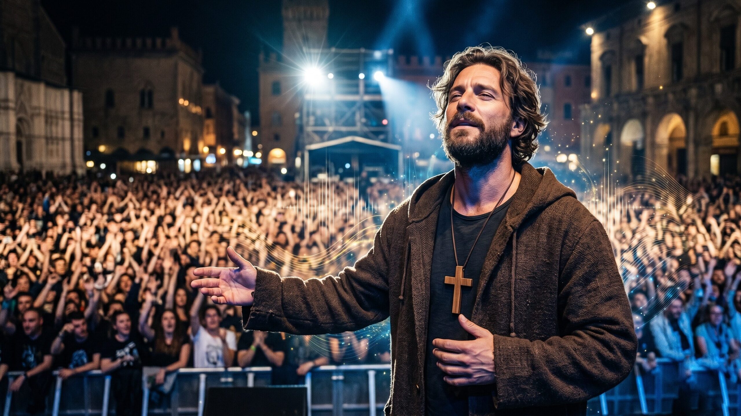 Uomo con barba e tunica francescana davanti a una folla oceanica in una piazza storica di notte, con luci da concerto e un'onda sonora grafica.