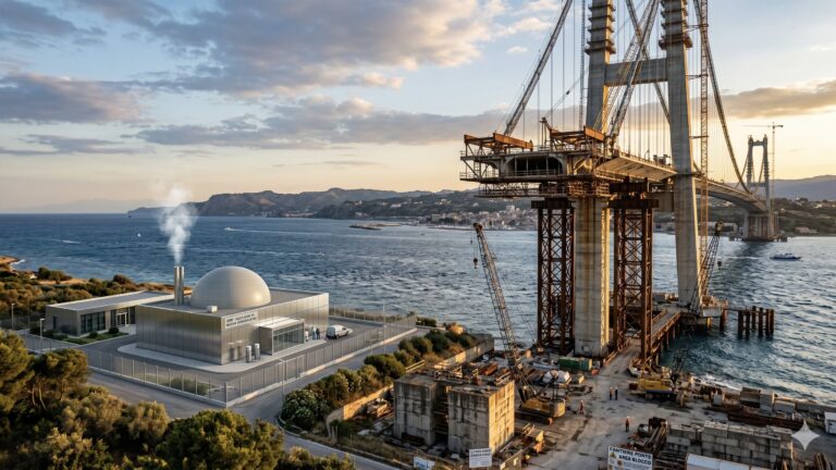 Mini reattore nucleare moderno accanto a un grande ponte incompiuto sul mare, in un’immagine editoriale ironica sul ritorno al nucleare in Italia.