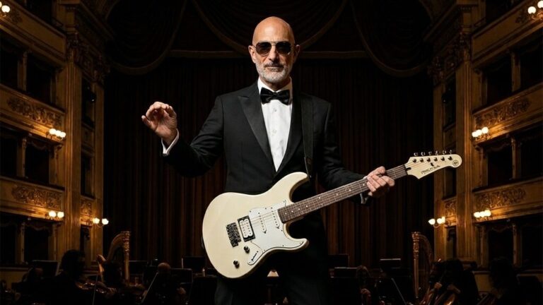 Ricky in smoking con chitarra elettrica in un teatro d’opera, sul palco con orchestra sullo sfondo