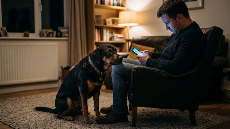 Un cane seduto ai piedi del padrone che lo guarda triste, mentre l'uomo è totalmente assorbito dallo schermo del suo smartphone.