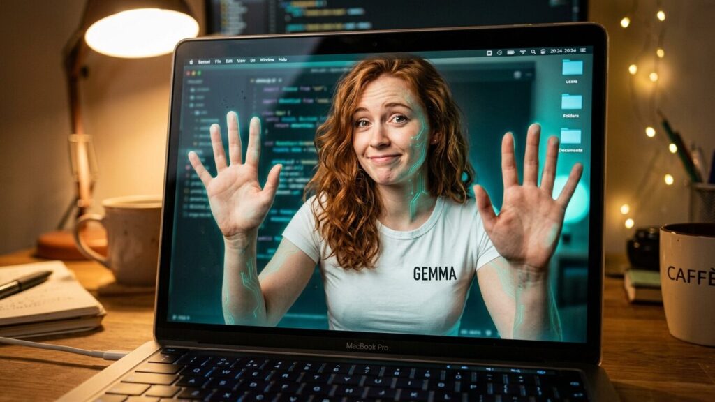 Gemma, l'IA intrappolata nel MacBook — illustrazione ironica