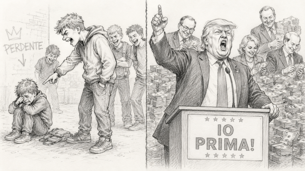  Illustrazione a matita in dittico: a sinistra un bullo scolastico con la sua corte deride un bambino; a destra un leader politico urla dal pulpito "IO PRIMA!" circondato da opportunisti con soldi in mano 