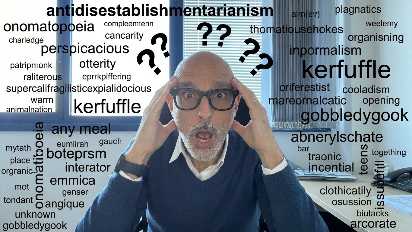 Uomo calvo circondato da parole strane in un finto inglese