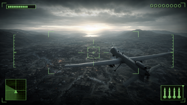 Drone militare con interfaccia HUD stile videogioco che sorvola un centro abitato, simbolo del sistema ePoints ucraino