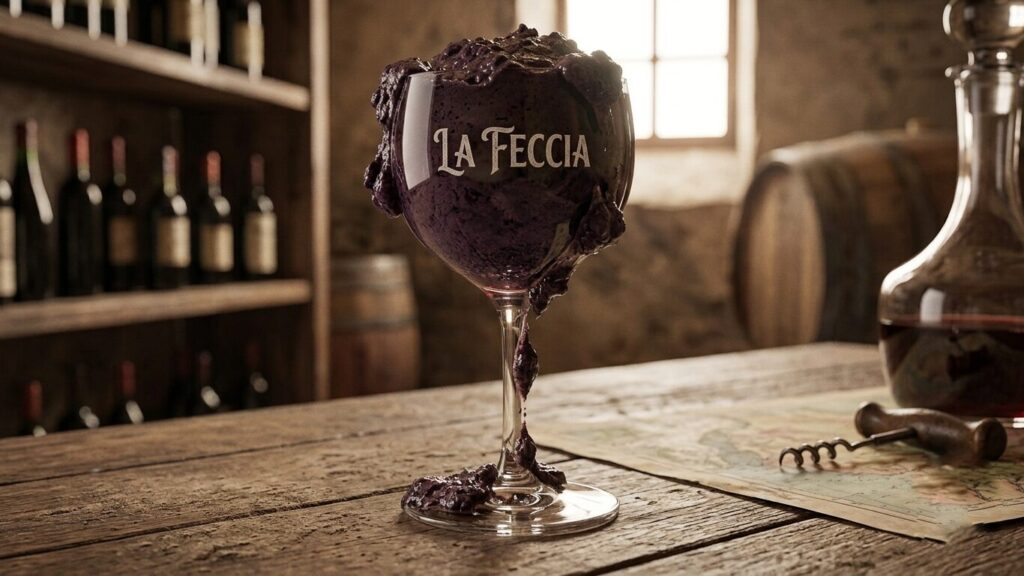 Un calice di vino rosso torbido con un evidente sedimento melmoso sulfondo, poggiato su un vecchio tavolo di legno scuro.