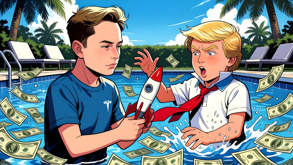 Vignetta satirica con Elon Musk e Donald Trump bambini che giocano con un razzo giocattolo dentro una piscina piena di banconote da un dollaro.
