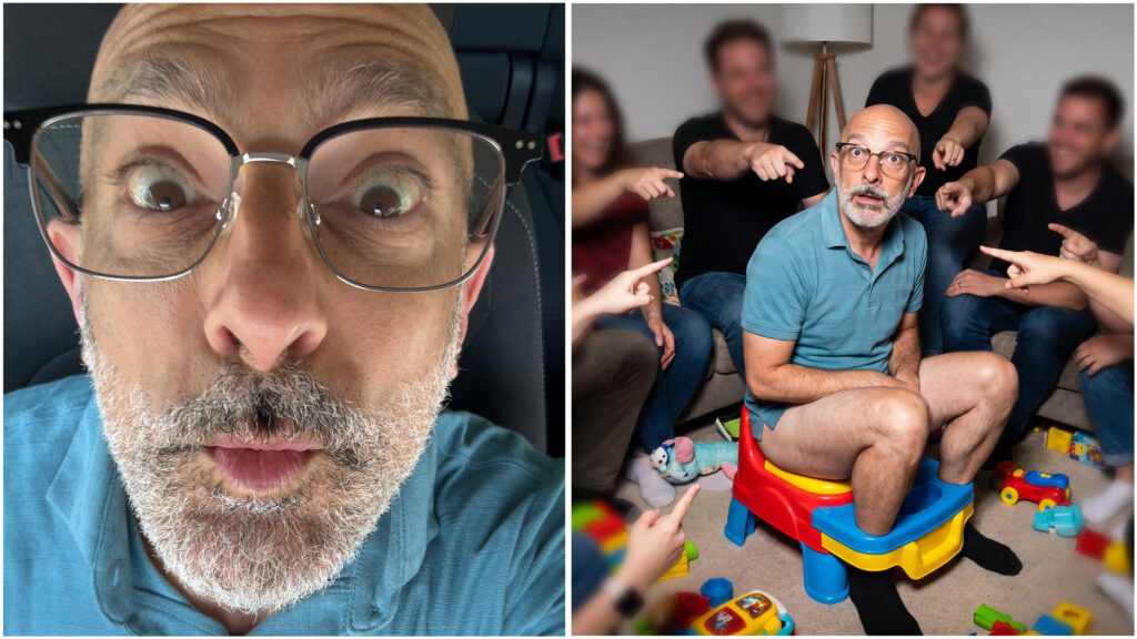 Dittico fotografico: a sinistra un ritratto reale da Instagram, a destra un'immagine generata da intelligenza artificiale che mostra un uomo umiliato sul vasino circondato da persone che ridono. Concetto di furto d'identità e violazione della privacy con Meta Muse Image