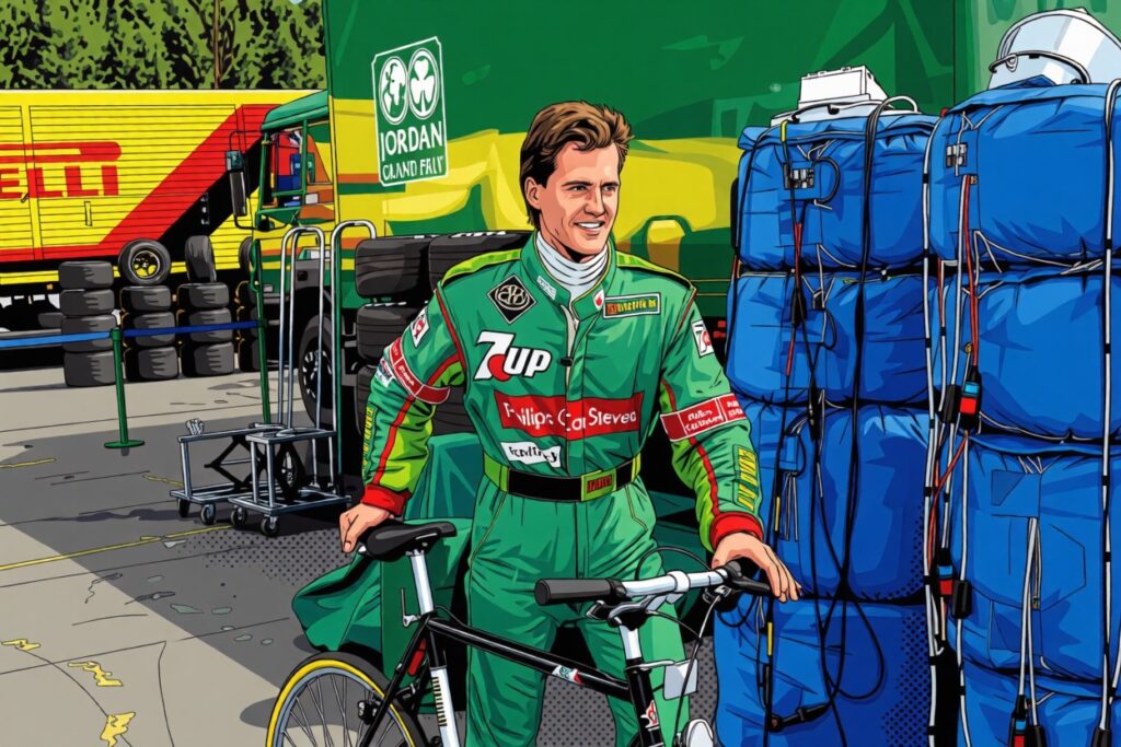 Vignetta in stile cartoon di Michael Schumacher al GP del Belgio, quando con una bugia montò sulla Jordan