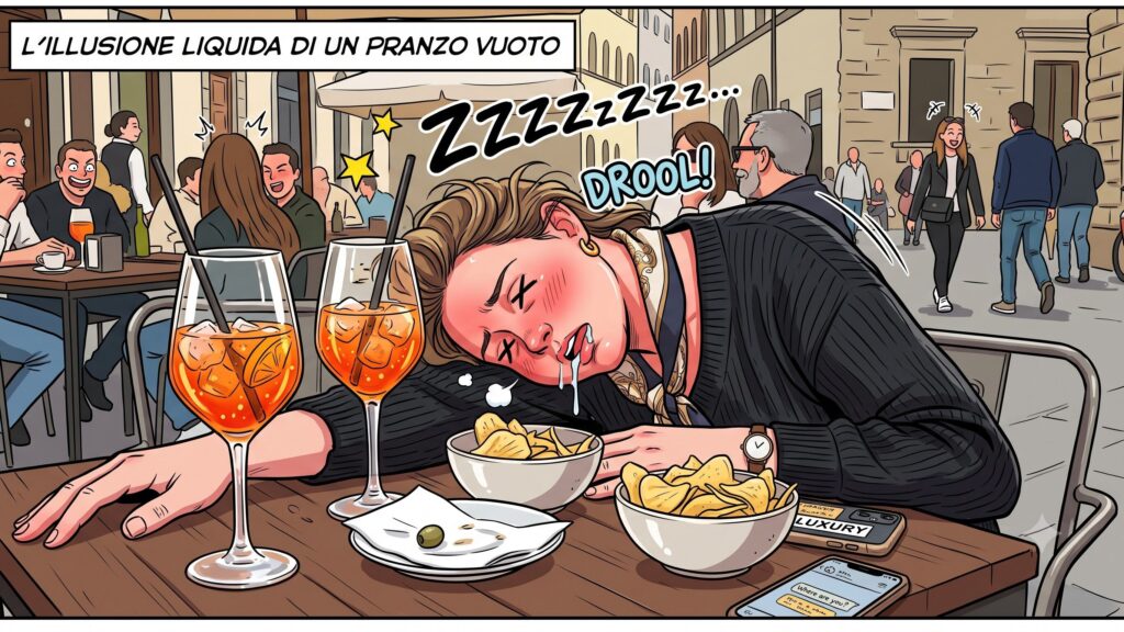 ragazza addormentata sul tavolo di un bar dopo l'illusione di una dieta dello spritz.