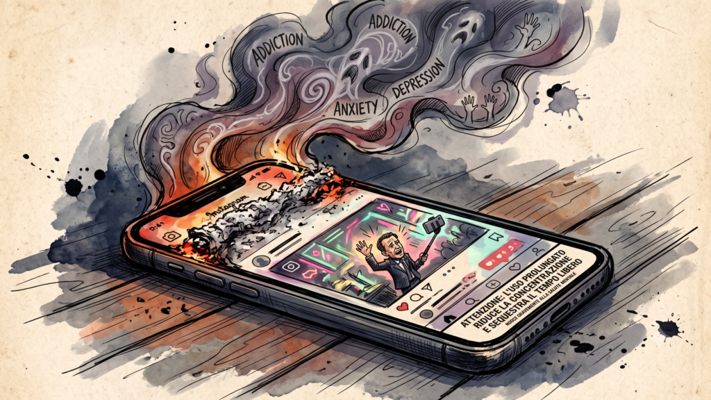 Vignetta a china di uno smartphone che brucia come una sigaretta, a simboleggiare la fine del Far West Social.
