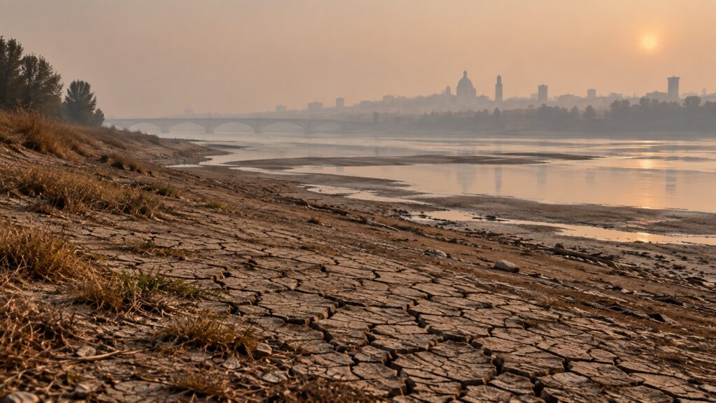 Letto secco del fiume Po durante la siccità, simbolo dell’adattamento climatico e della crisi idrica in Italia