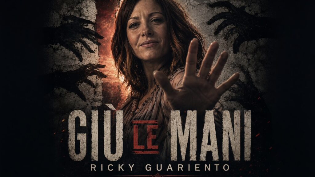 Copertina di Giù Le Mani, nuova canzone di Ricky Guariento contro la violenza sulle donne, con sua moglie Elisa che scaccia il male.