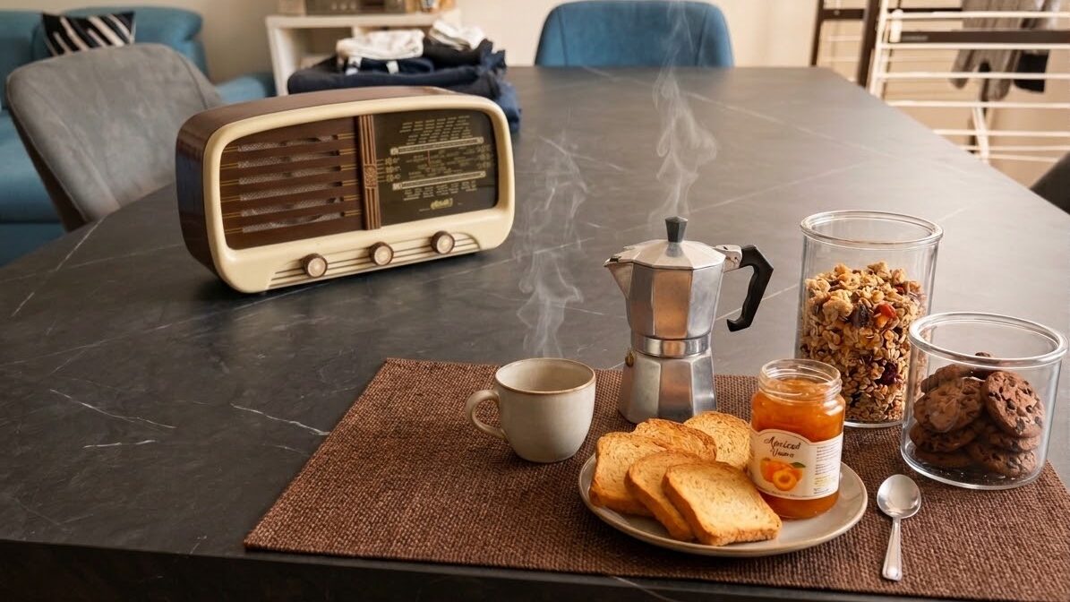 Tazza di caffè e radio accesa davanti a una metafora visiva della politica come acqua torbida.