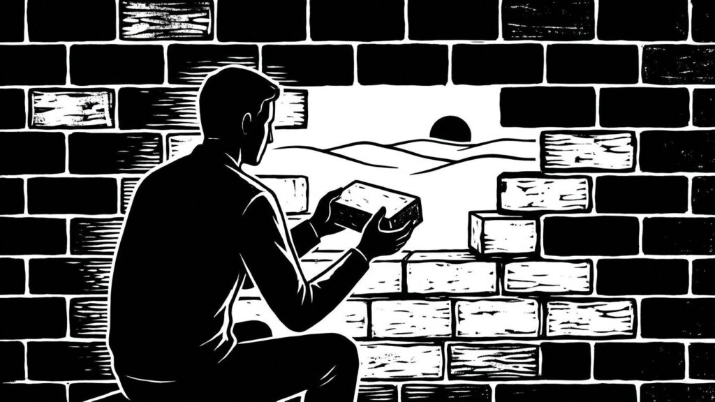 Illustrazione minimalista in bianco e nero: una persona seduta davanti a un muro di mattoni che ne rimuove uno alla volta per guardare l'orizzonte oltre la barriera.