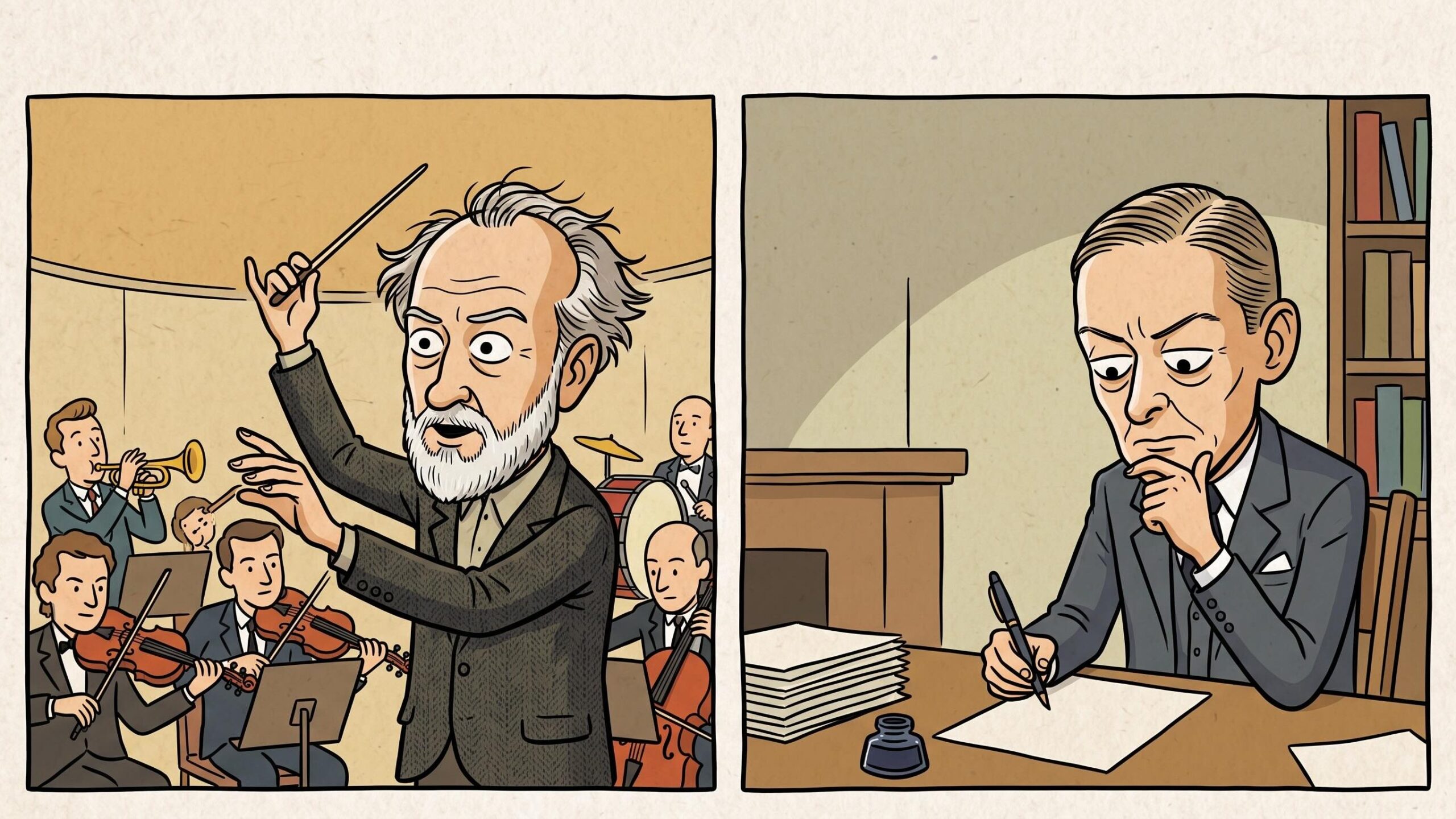 vignetta in stile Comic con Charles Ives e T.S. Eliot impegnati nel loro piano b