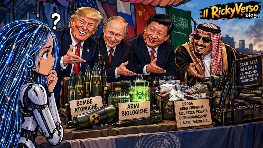 Illustrazione satirica comic RickyVerso: una bambina androide osserva perplessa i leader mondiali intenti a vendere armi atomiche e biologiche su una bancarella.