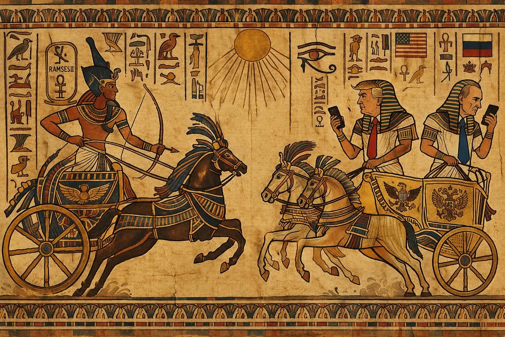 Illustrazione satirica in stile papiro egizio divisa a metà: a sinistra Ramses II sul carro da guerra, a destra due leader moderni riconoscibili sul proprio carro dorato armati di smartphone e cravatta rossa.
