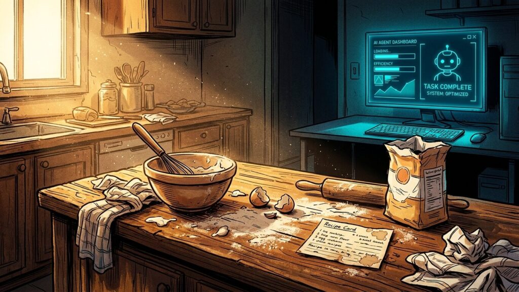 Illustrazione satirica di vita quotidiana che mette a contrasto una cucina calda e caotica con la fredda interfaccia di un agente AI ottimizzatore.