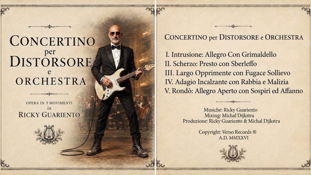 Ricky Guariento in smoking e anfibi con chitarra elettrica davanti a un'orchestra, copertina di Concertino per Distorsore e Orchestra